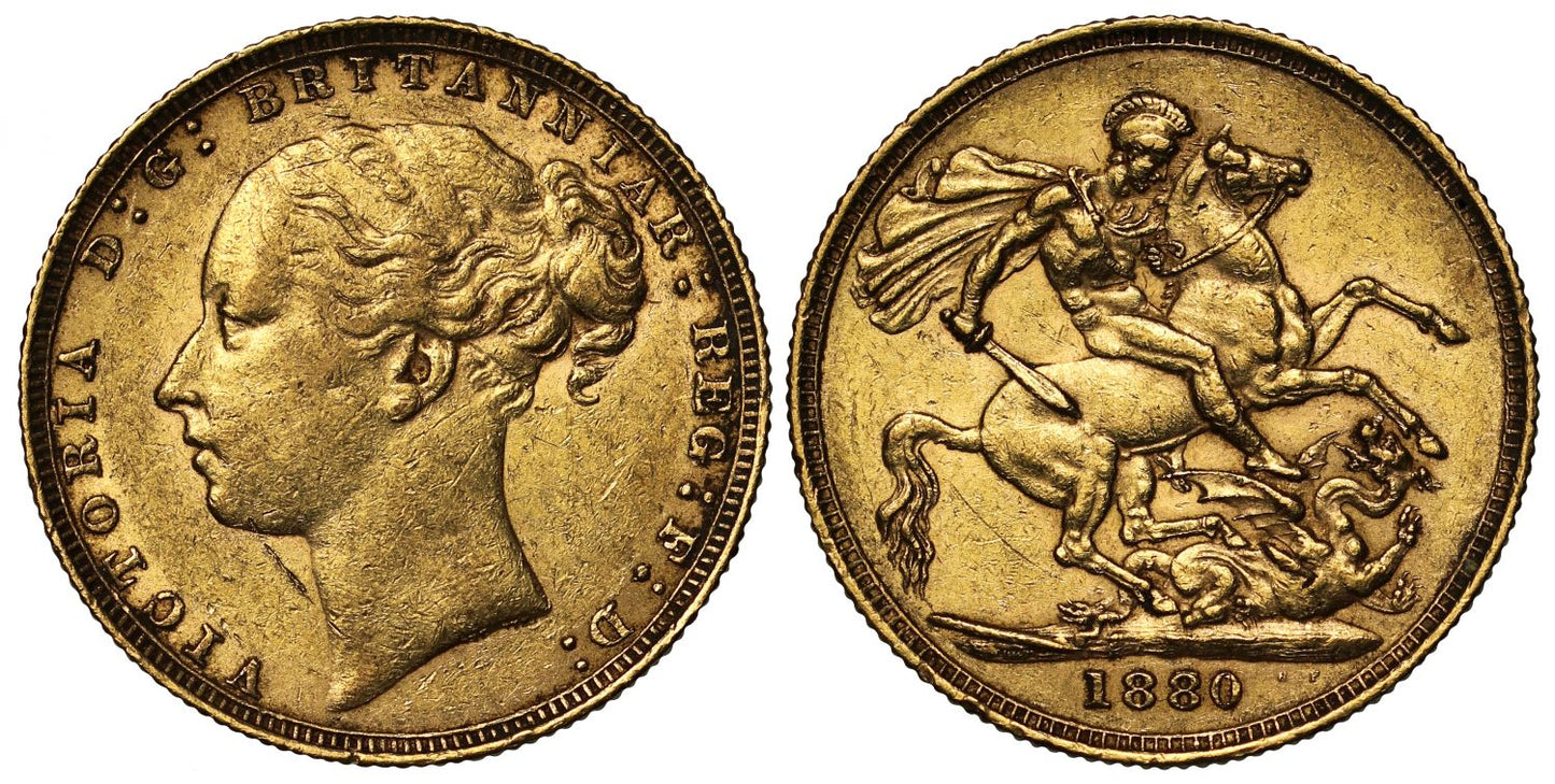 Victoria 1880 Sovereign 8 over 7 small BP in exergue, long tail, WW buried