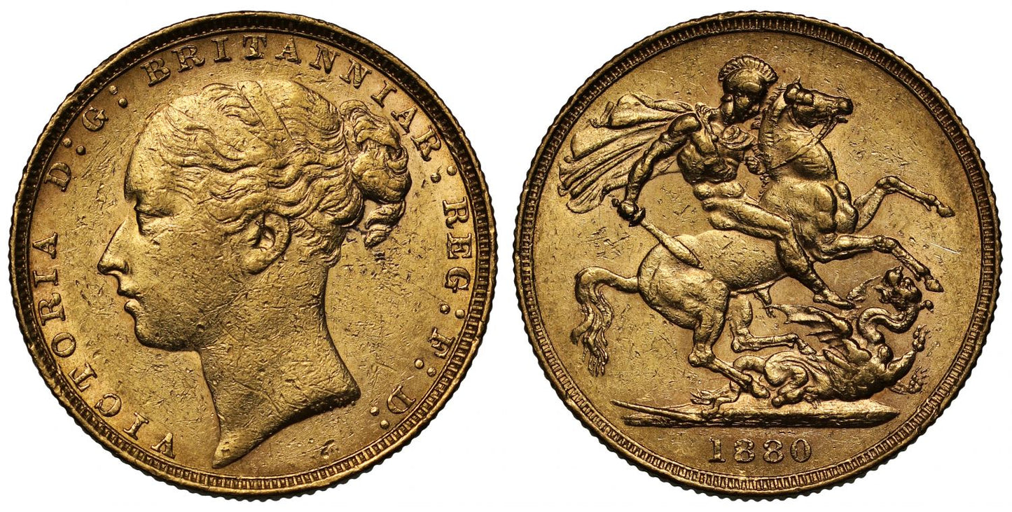 Victoria 1880 Sovereign, WW complete, short tail, no BP in exergue