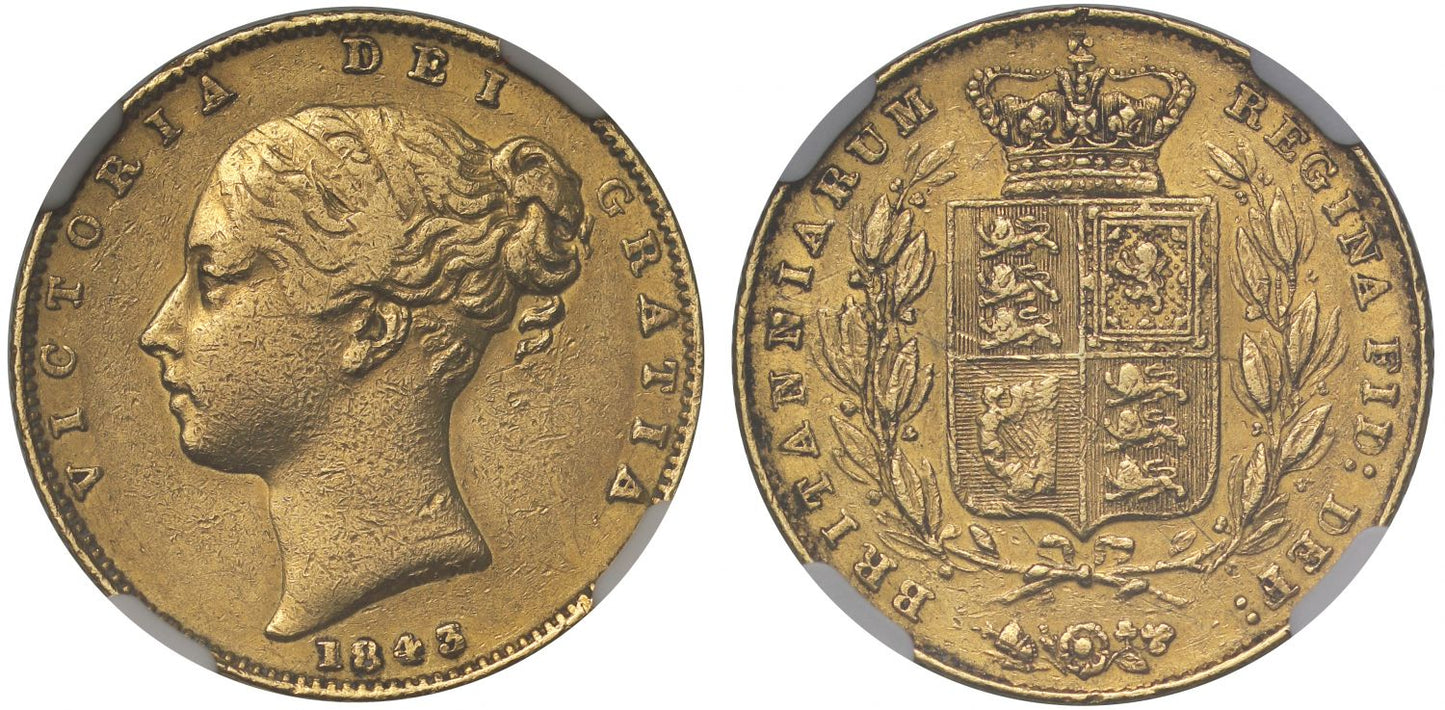 Victoria 1843 Sovereign, narrow shield, XF Details, extremely rare