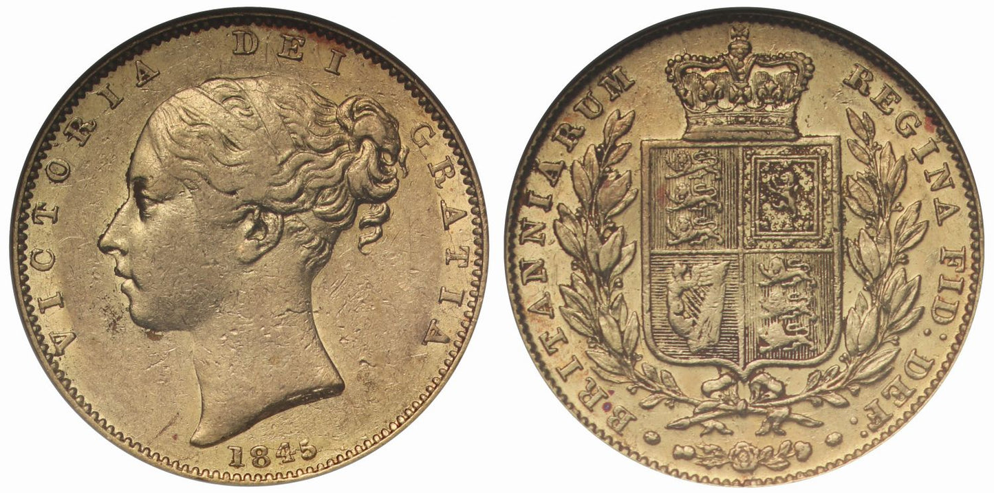 Victoria 1845 Sovereign AU50, xx R. M. S. Douro shipwreck 1882