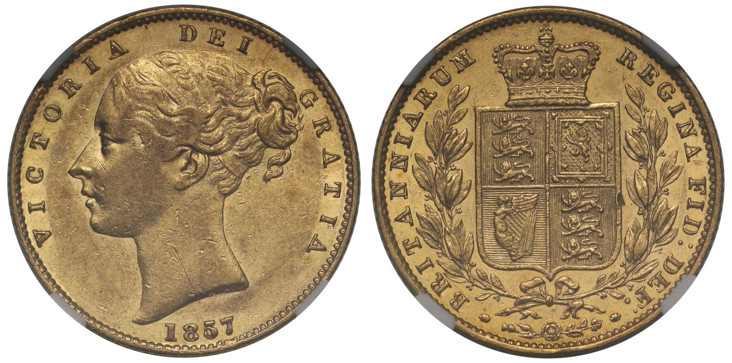 Victoria 1857 Sovereign As of GRATIA practically unbarred, AU50, ex Douro Cargo