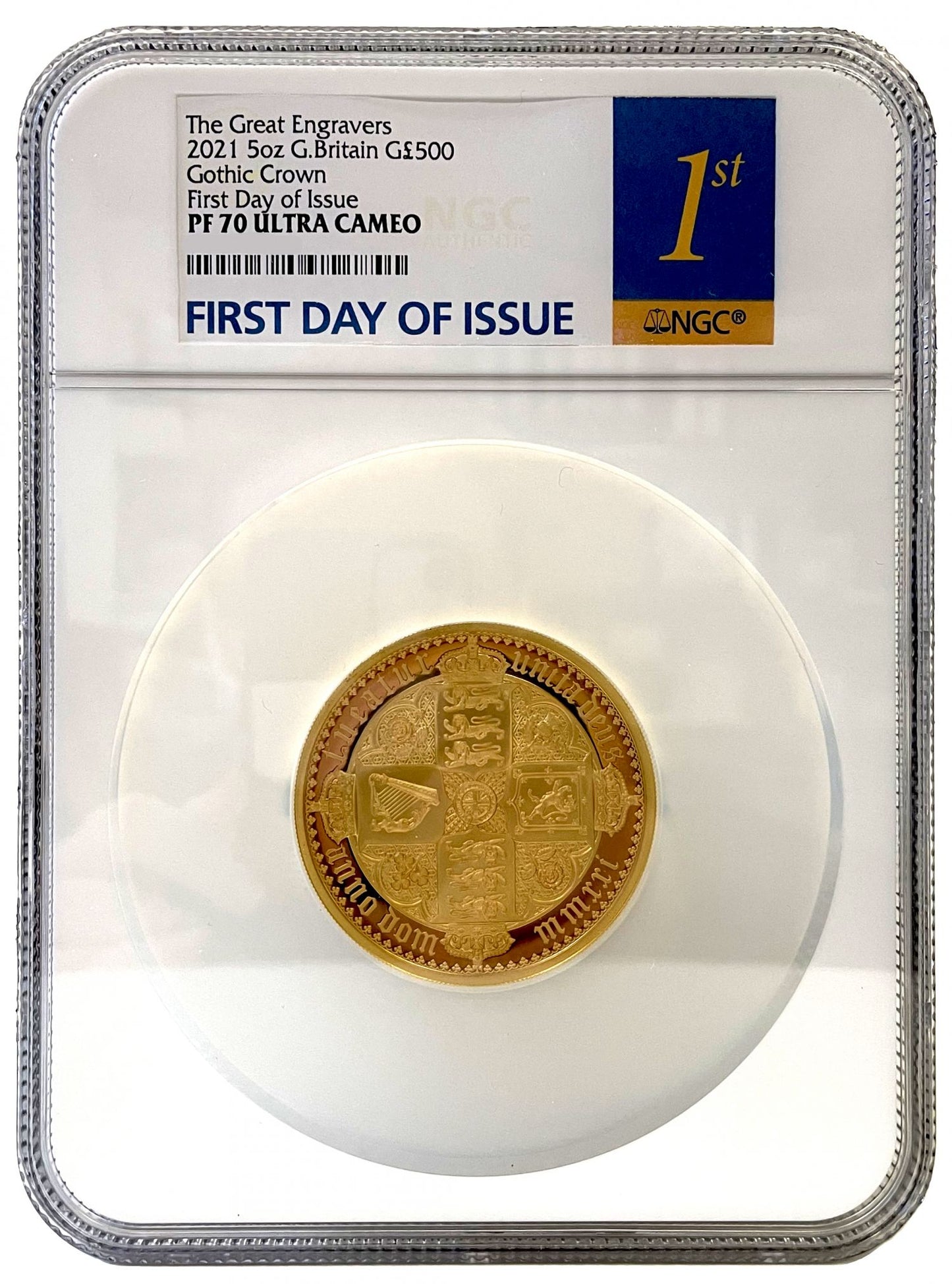 * QEII 2021 gold 5oz PF70UC FDI Gothic Crown QA