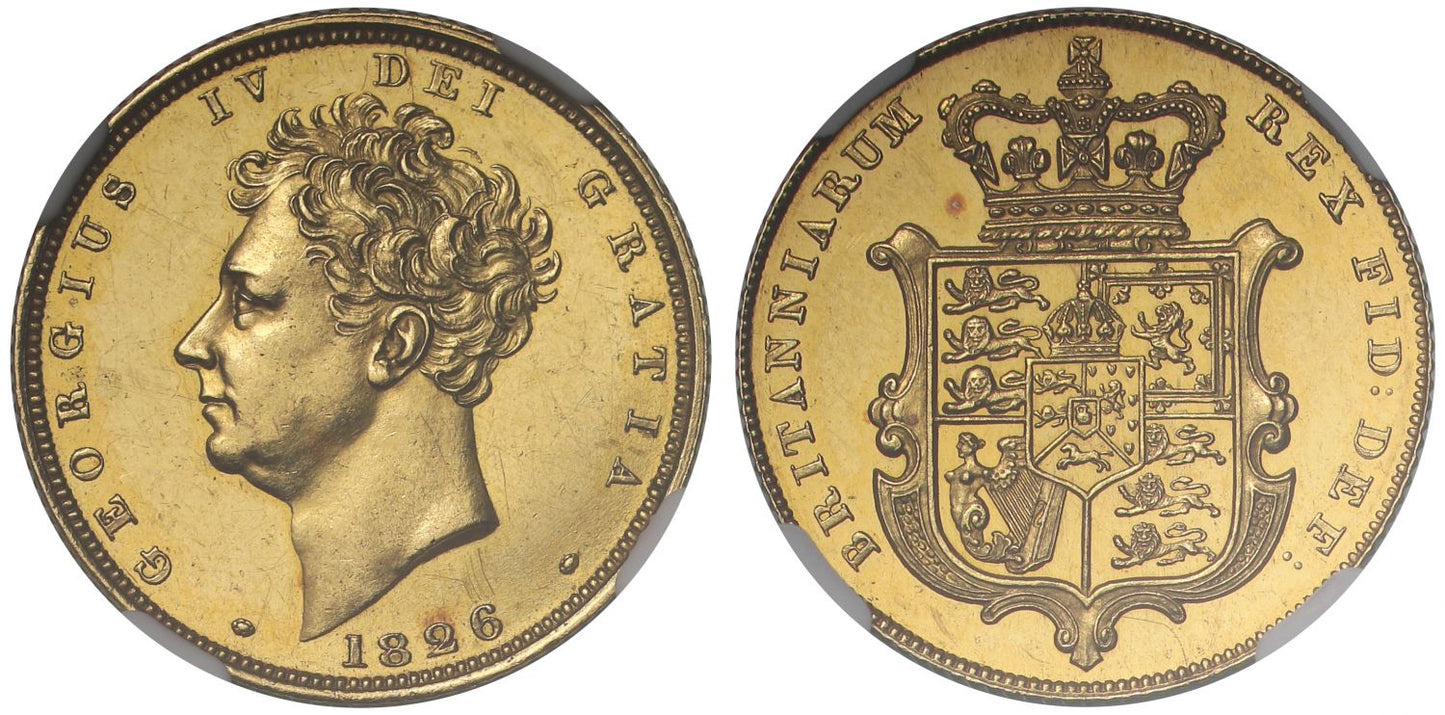 George IV 1826 proof Sovereign PF61, bare head issue by Wyon