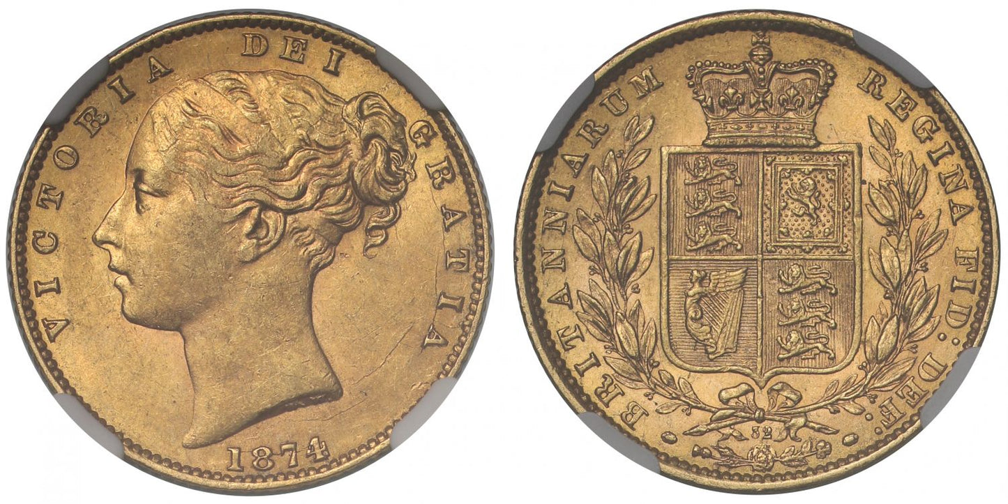 Victoria 1874 Shield Sovereign London, die 32, AU58. Ex Douro 490