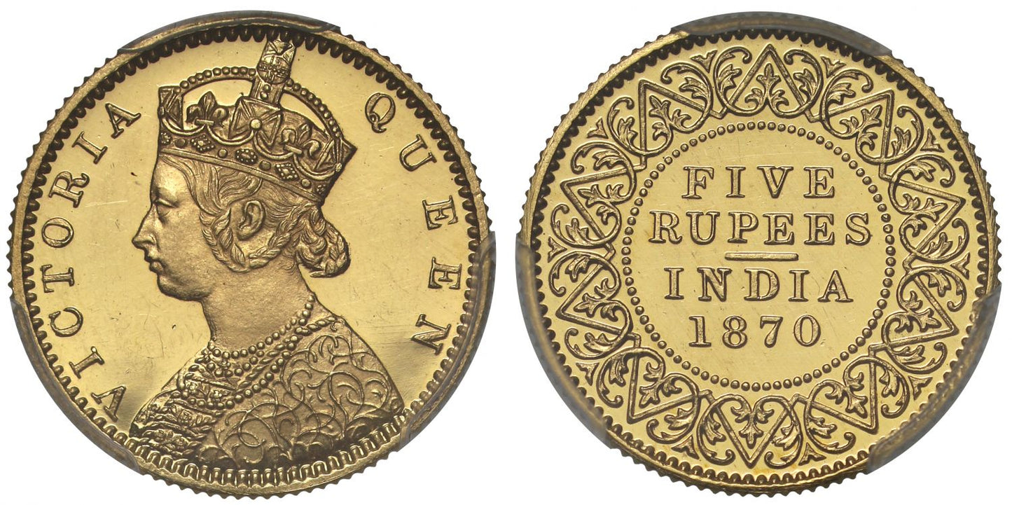 Victoria, Proof Restrike gold Five Rupees, 1870, PR63 CAM.