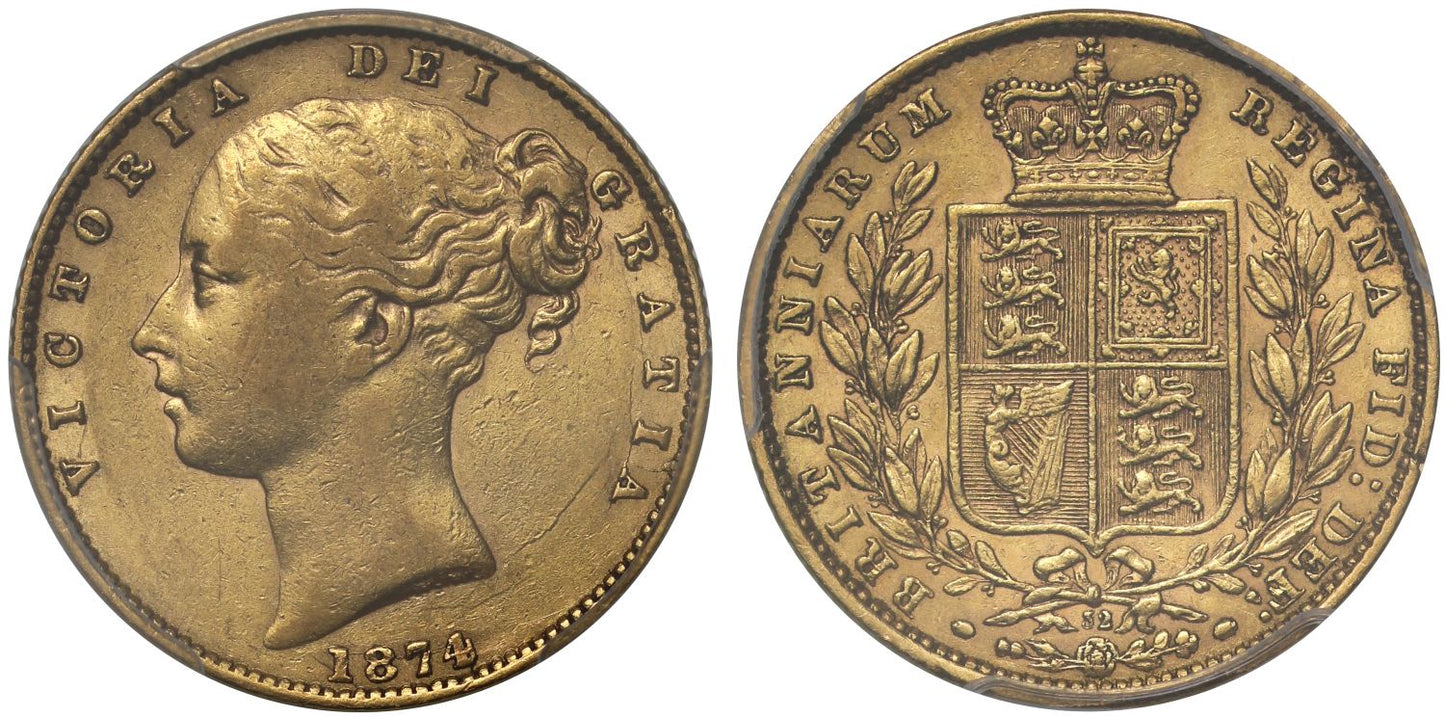 Victoria 1874 Sovereign Shield, die number 32, AU53