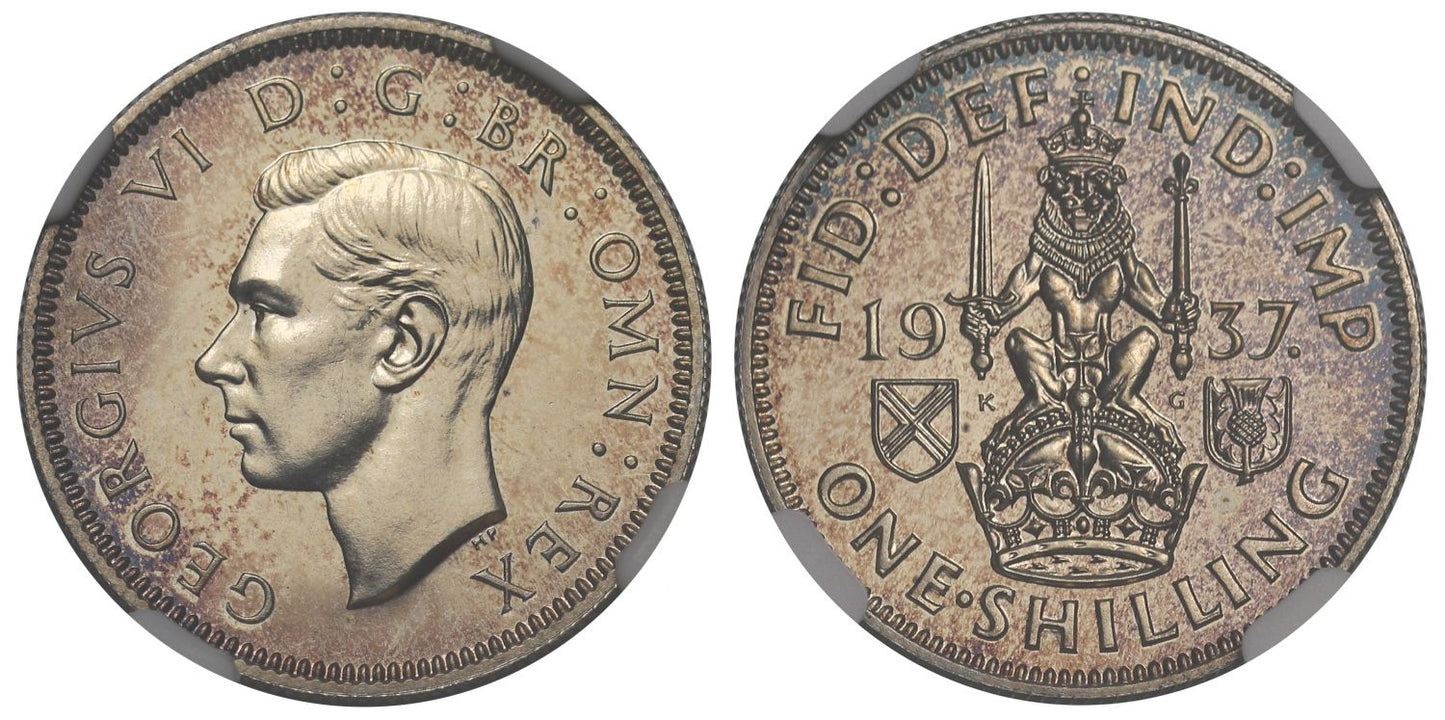 George VI 1937 proof Shilling, Scottish, PF64+, Coronation issue