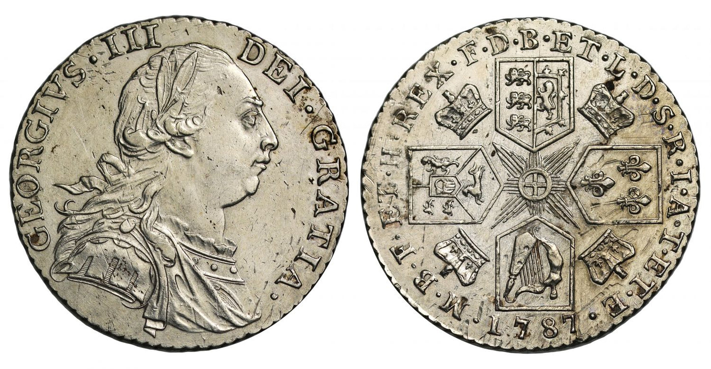 George III 1787 Shilling, no stop over head, without hearts on reverse, rare
