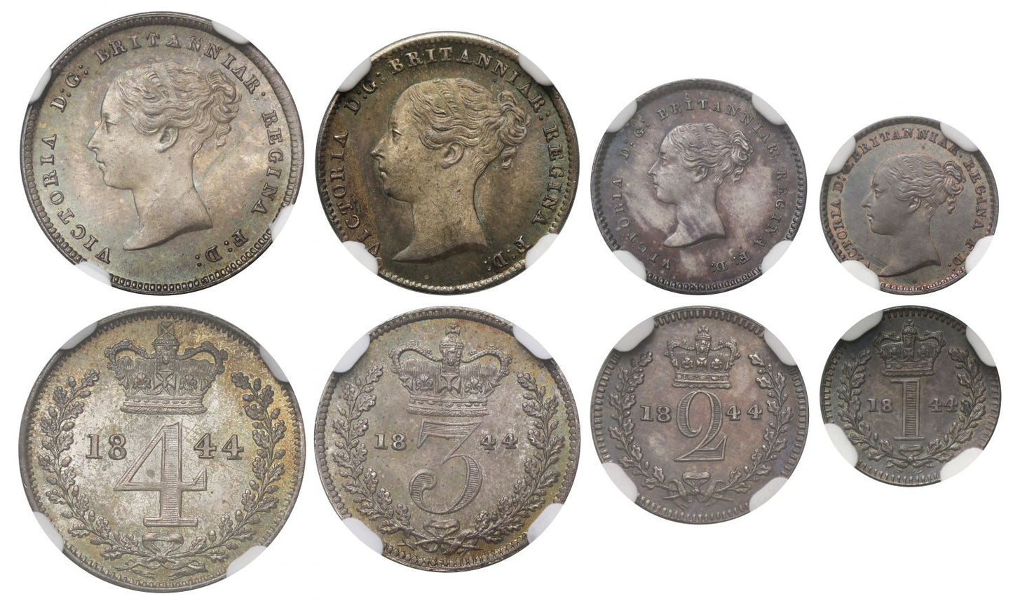 Victoria 1844 Maundy Set, young head, rare date, graded MS62-65
