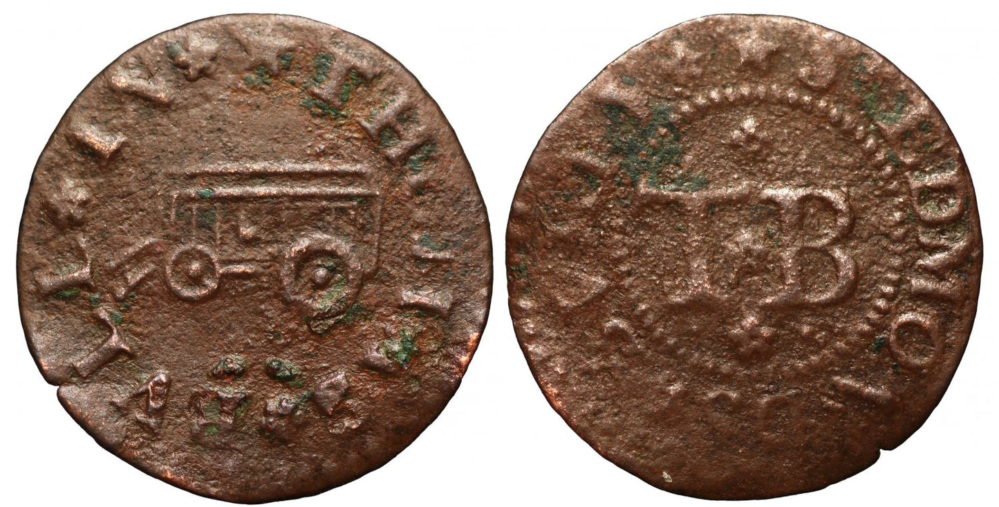 17th Century Suffolk Farthing, Bury St Edmunds, Thomas Bull, a wagon