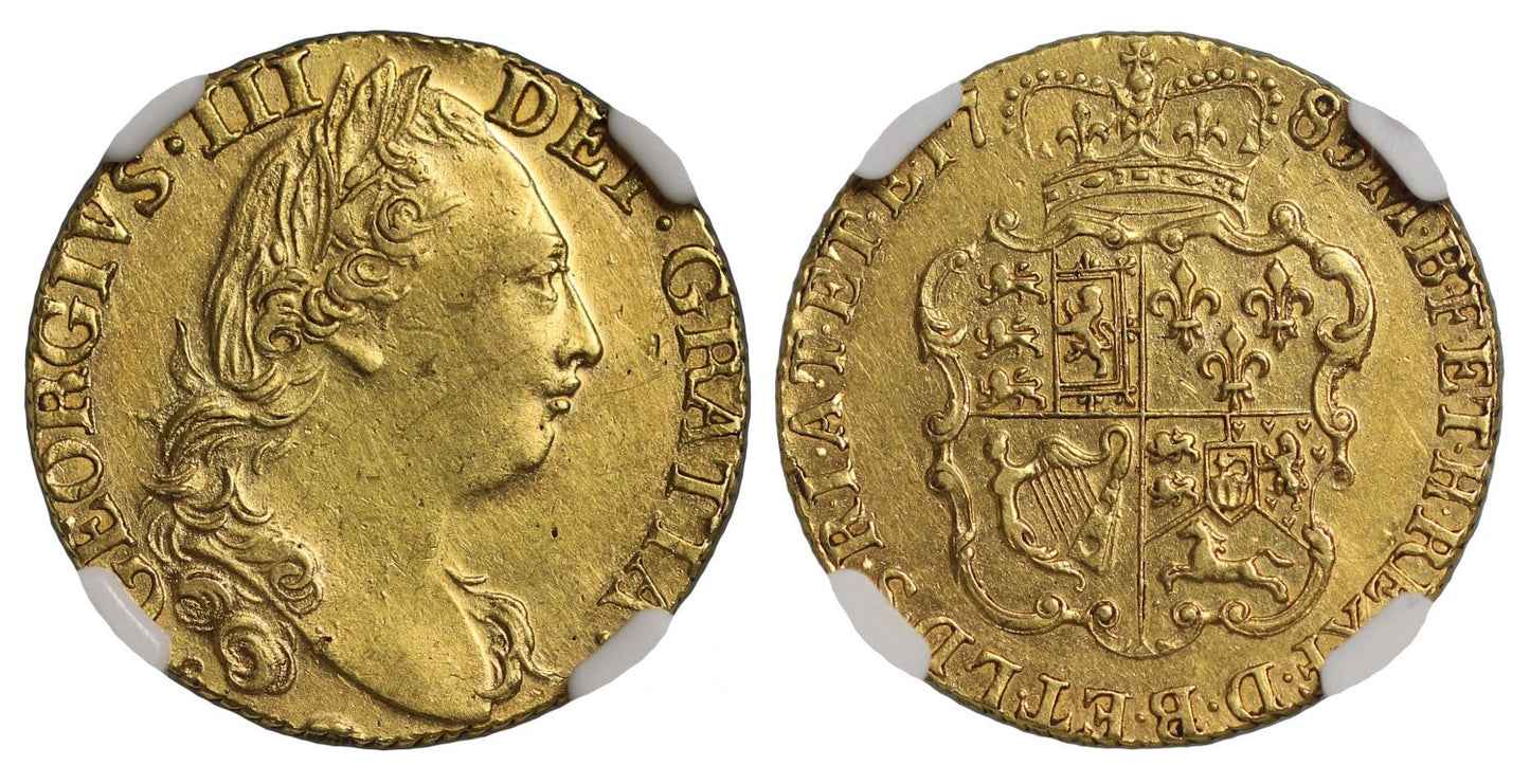 George III 1785 Guinea, fourth head, rose type shield, AU53