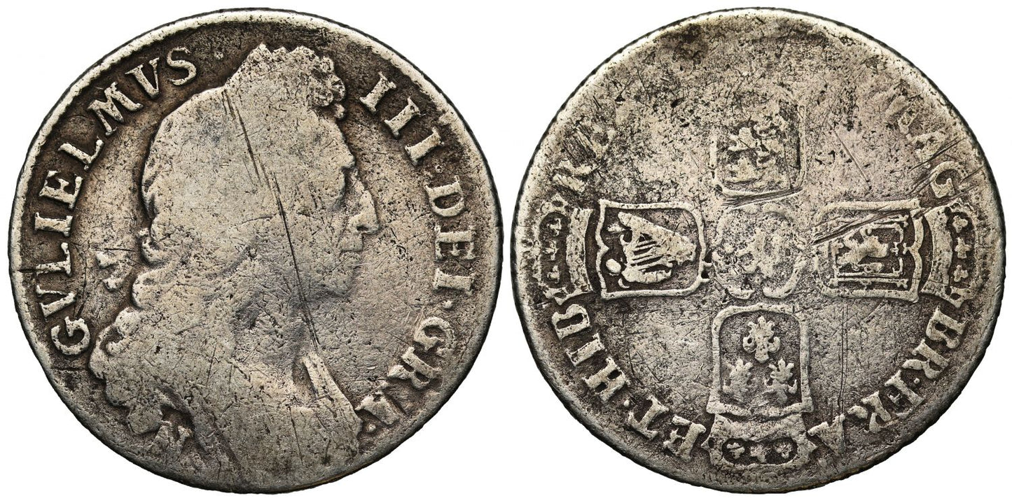 William III Norwich Shilling with Irish harp struck over three fleur de lis unknown!