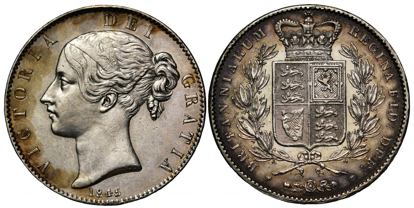 Victoria 1845 Crown, young head, edge VIII, cinquefoil stops