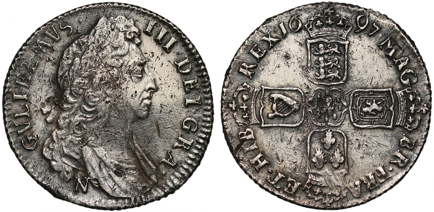 William III 1697 Shilling Norwich, small 7 in date, first bust