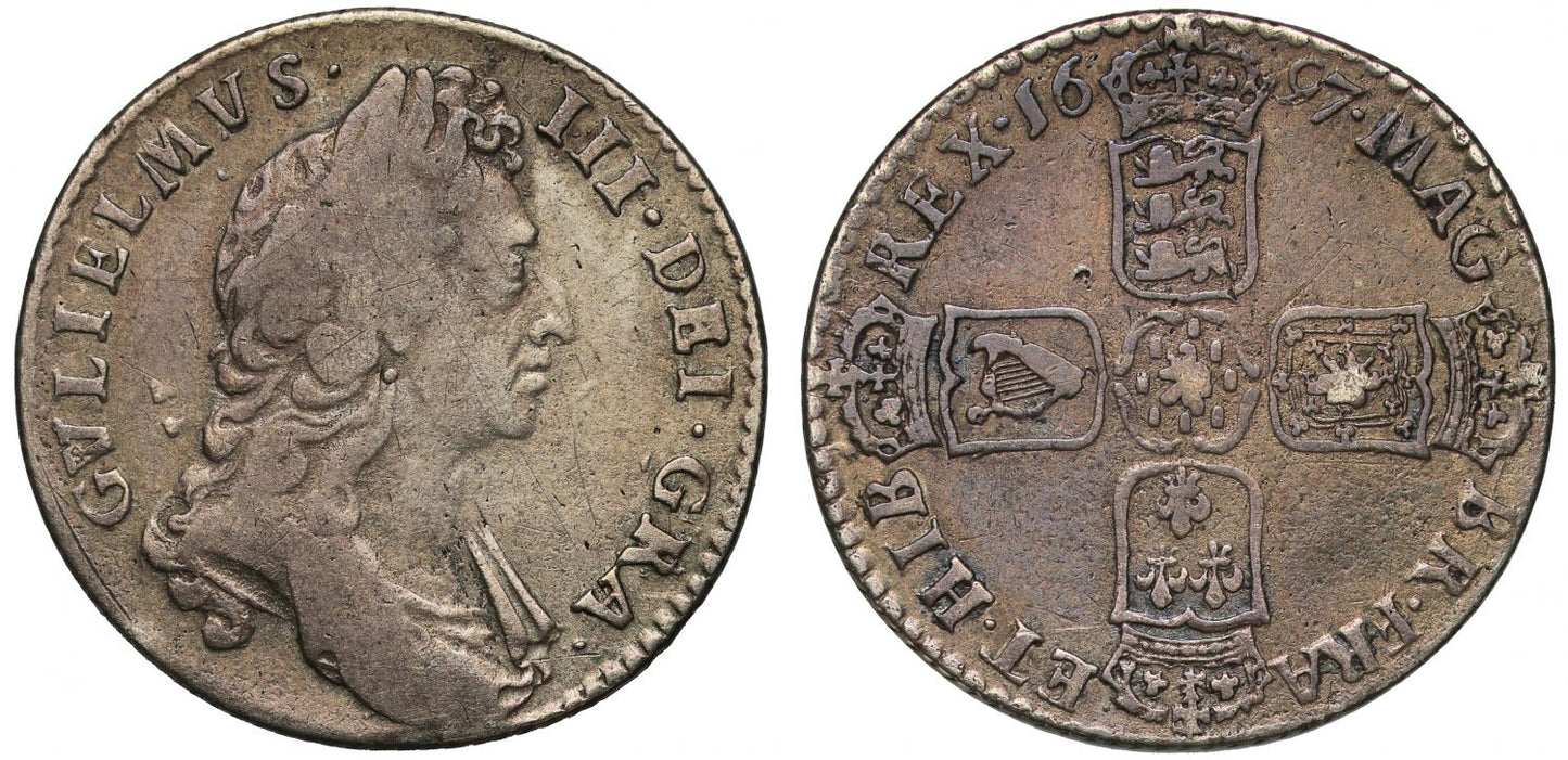 William III 1697 Shilling E of DEI struck over A, ex Shuttlewood