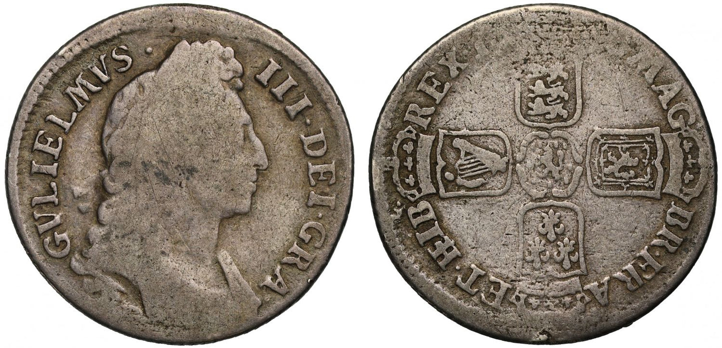 William III 1696 Shilling, H of HIB unusually flawed and off-centre strike