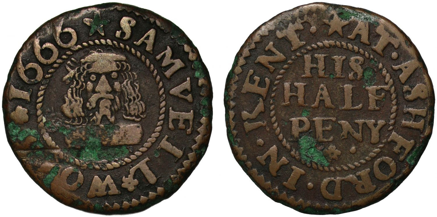 17th Century Kent, Ashford, Samuel Wood Halfpenny 1666, saracen head