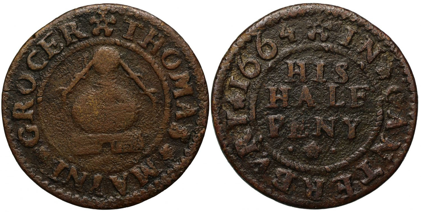 Kent Canterbury Thomas Mayne Halfpenny 1664, Grocer, a pot still
