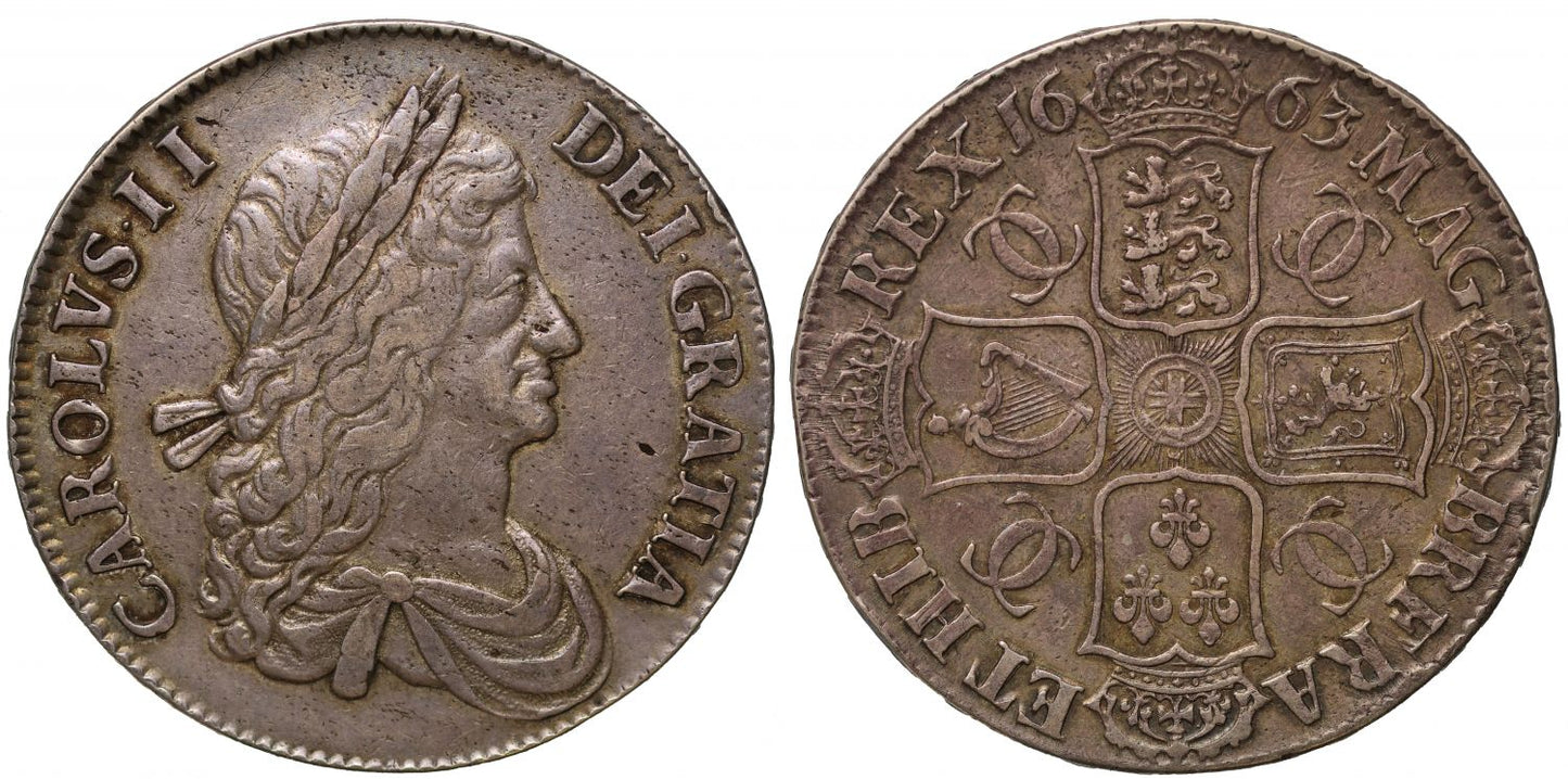 Charles II 1663 Crown, first bust no rose, frosted cloak, no stops on reverse, rare