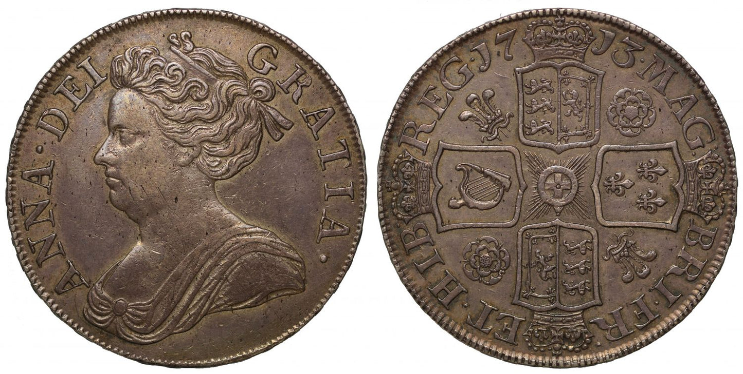 Anne 1713 Crown, third bust, roses and plumes reverse