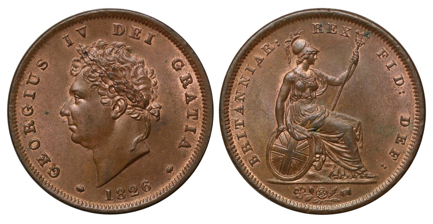 George IV 1826 Penny, plain saltire on reverse, 6 possibly over 1, MS65BN