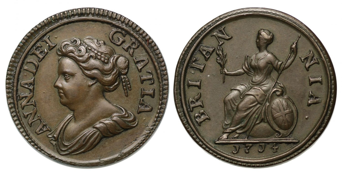 Anne 1714 Farthing, small flan, Peck dies 2+E