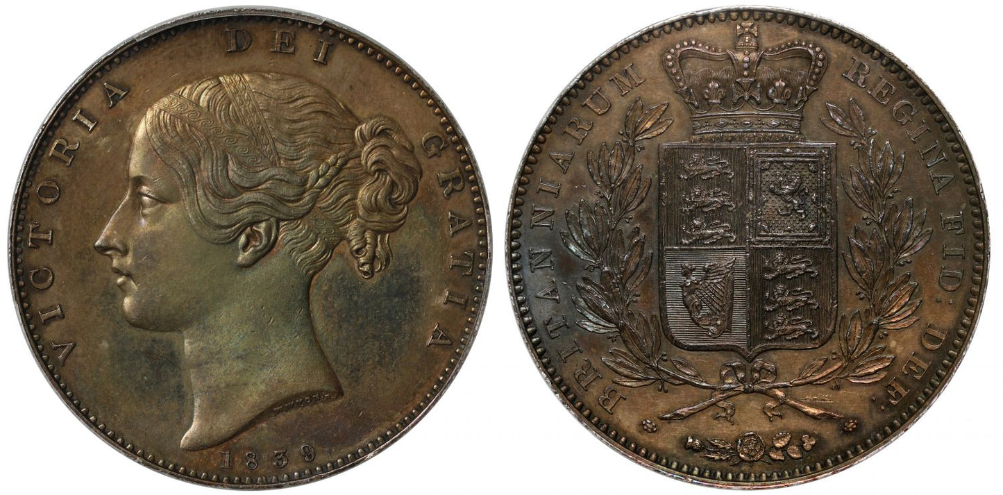 Victoria 1839 proof Crown, young head by Wyon, PR63
