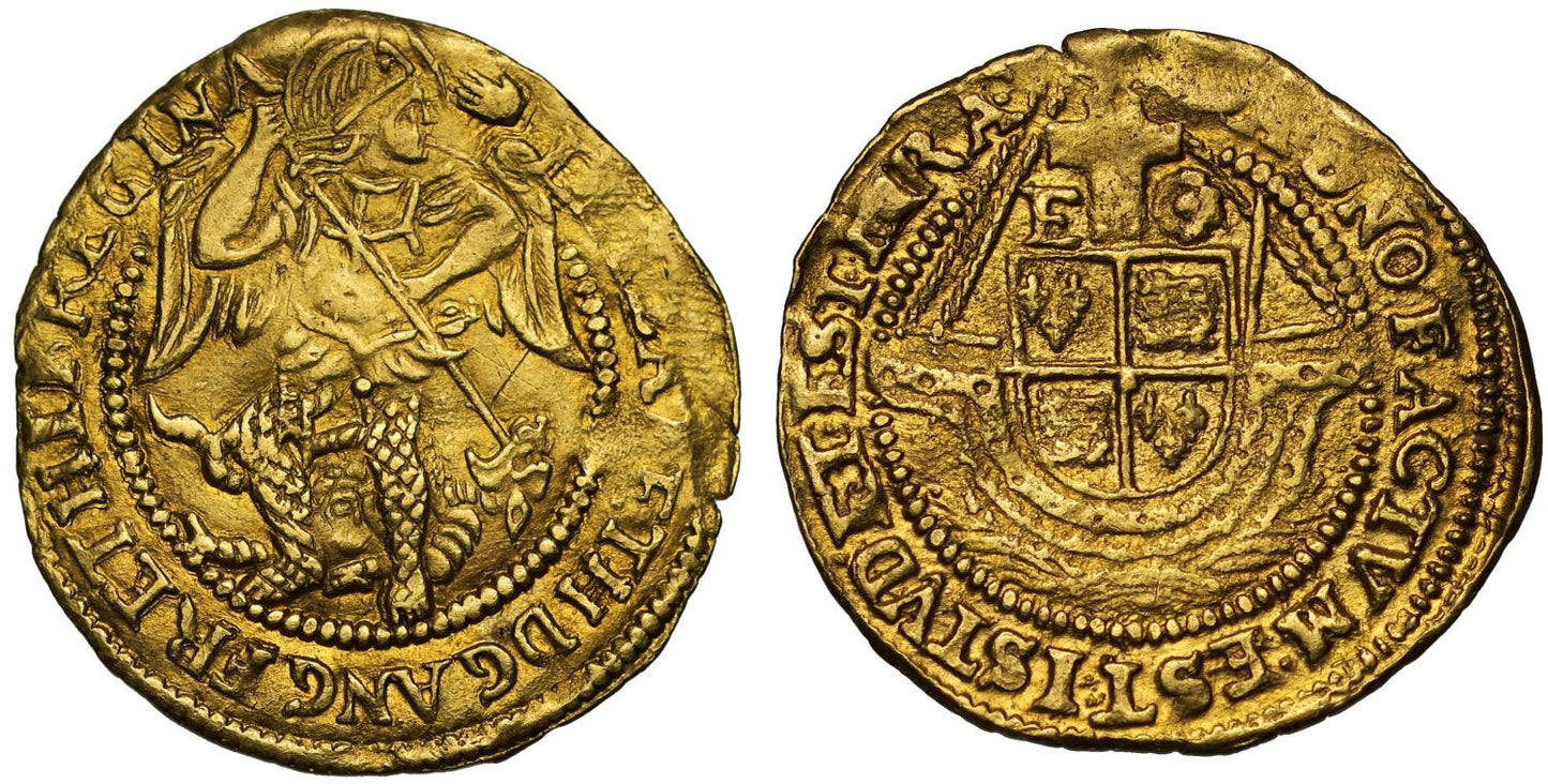 Elizabeth I Half Angel, sixth issue, mint mark hand