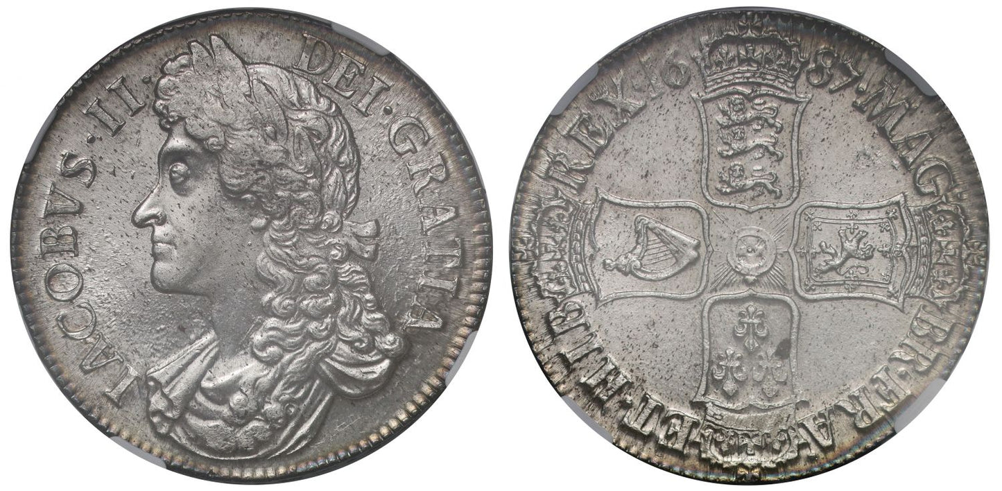 James II 1687 Crown, second bust, MS64+ fourth finest