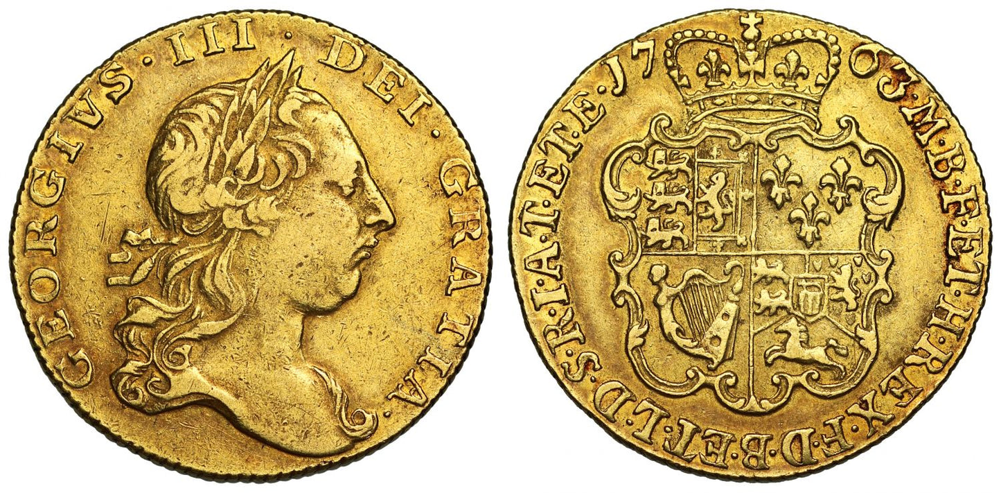 George III 1763 Guinea, second head, top leaf to right of stop over head