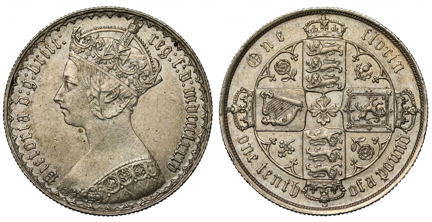 Victoria 1885 Gothic Florin, type B8, 34 long arcs with small trefoils