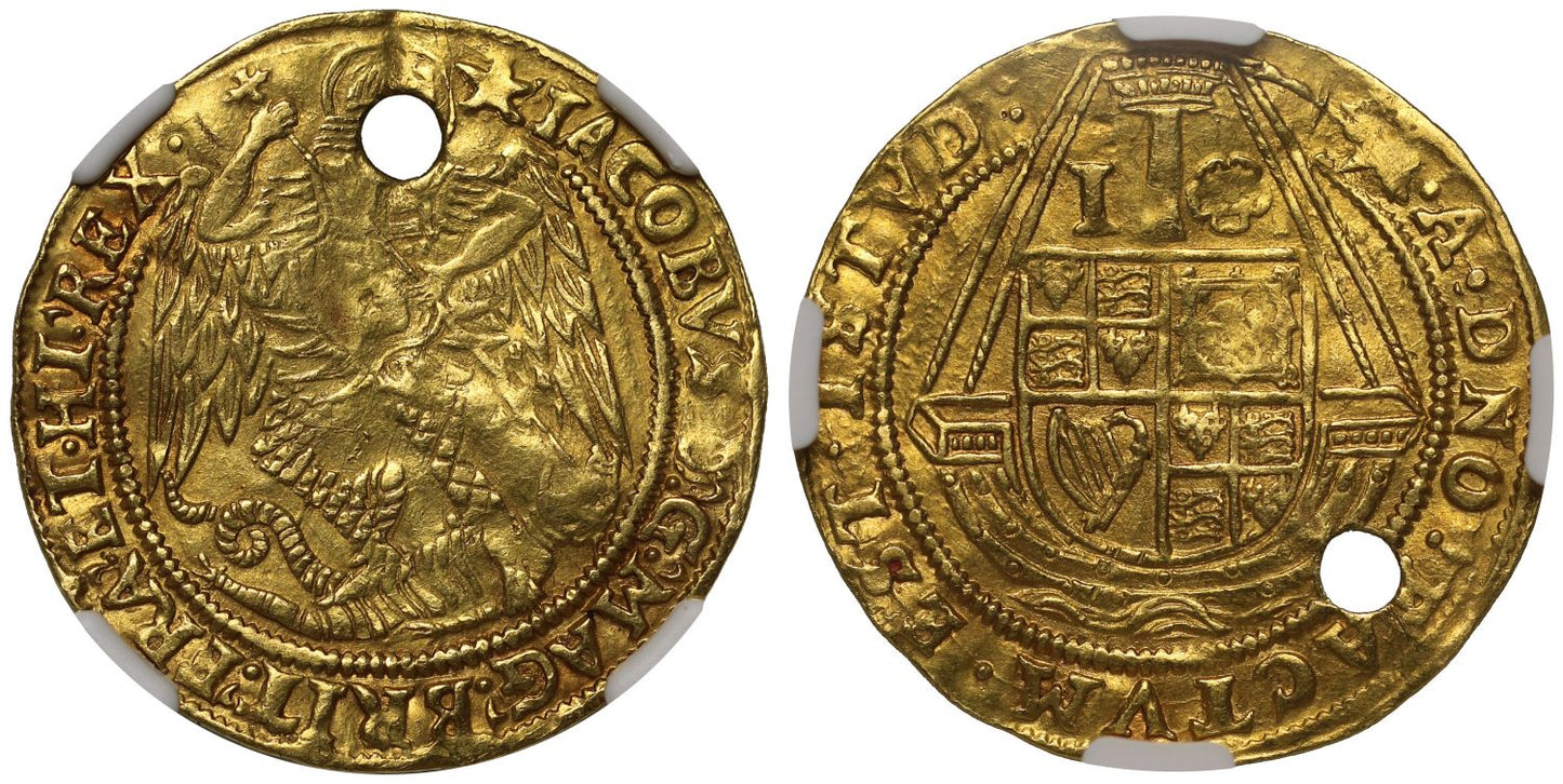 James I fine gold Angel, mm mullet, pierced for touching for the Kings Evil UNC