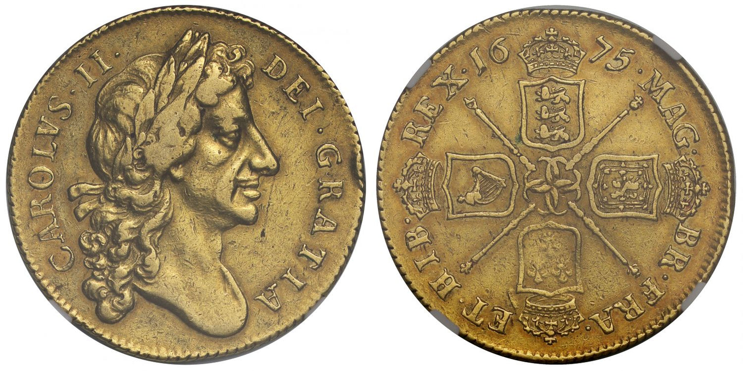 Charles II 1675 Two Guineas, second bust, rare date, XF40