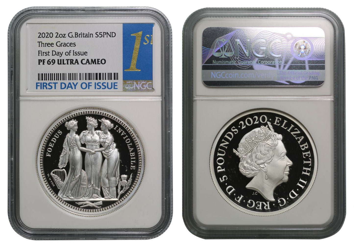 QEII 2020 PF69 silver 2oz Three Graces 1st Day