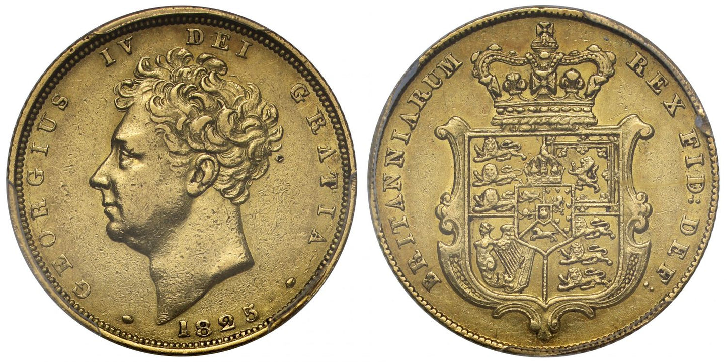 George IV 1825 Sovereign AU53, first year for bare head issue
