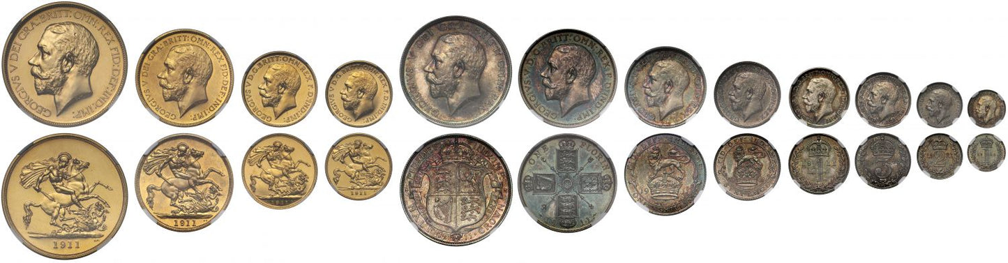 George V 1911 long gold proof Set for Coronation NGC graded PF62-66