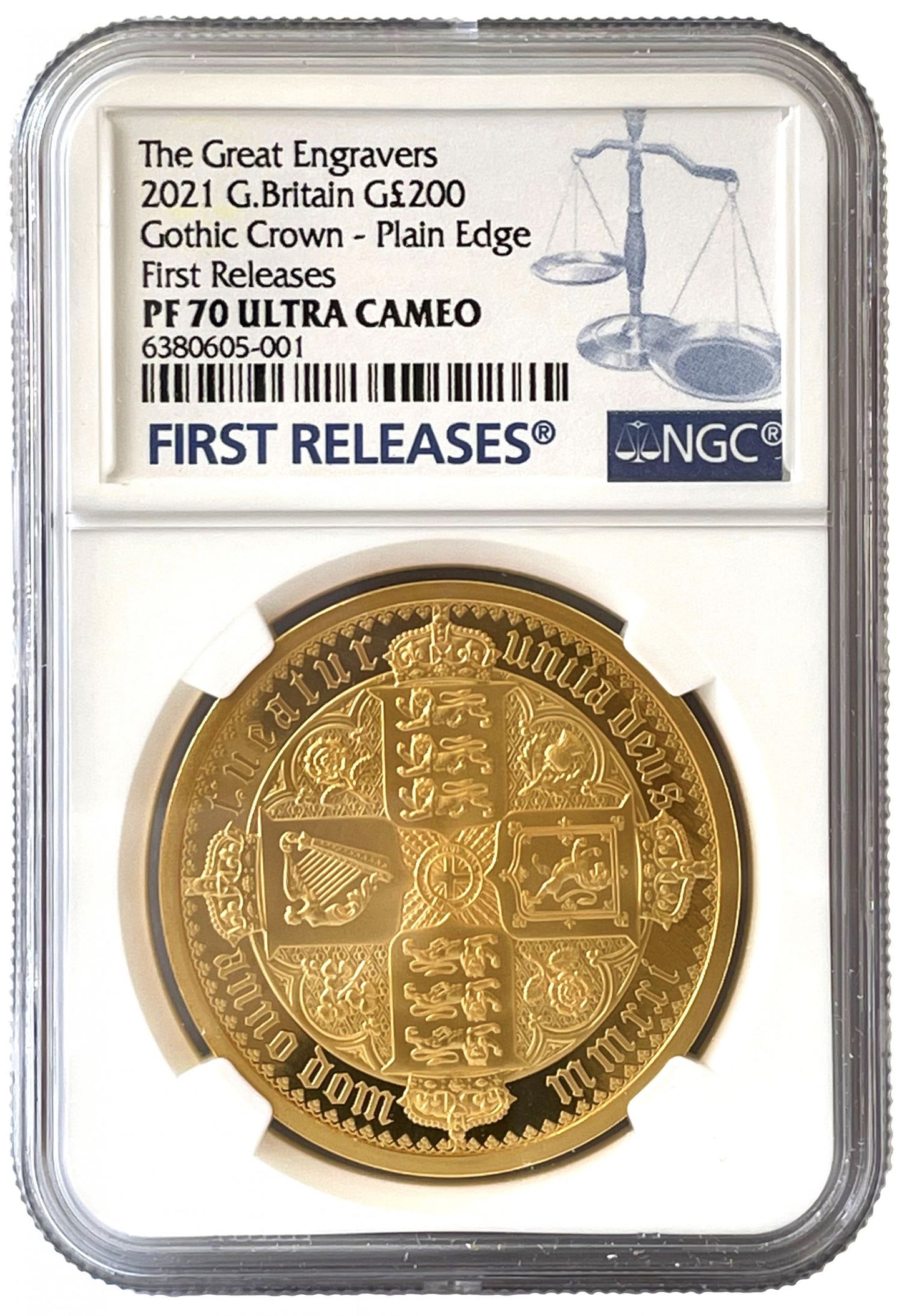 QEII 2021 gold PF70 FR 2oz Gothic Crown QA Plain Edge