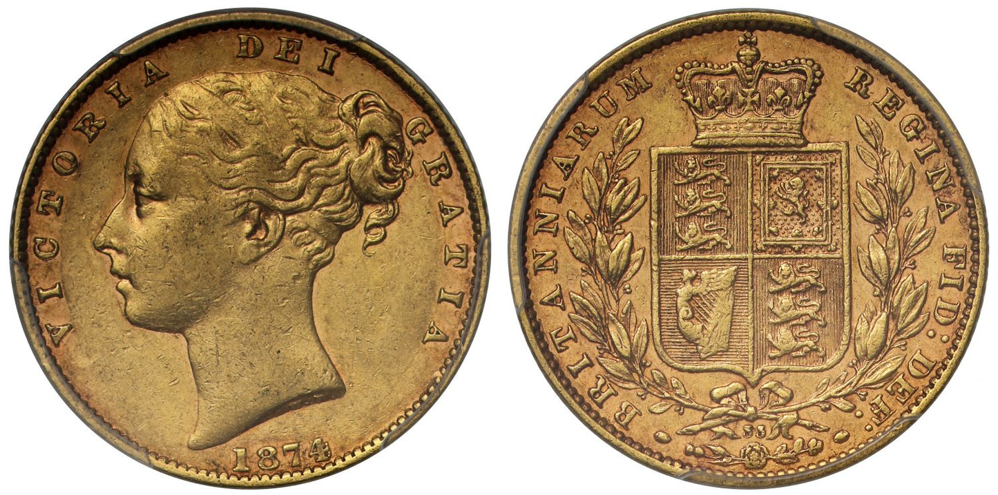 Victoria 1874 shield Sovereign, London, die 33, AU50