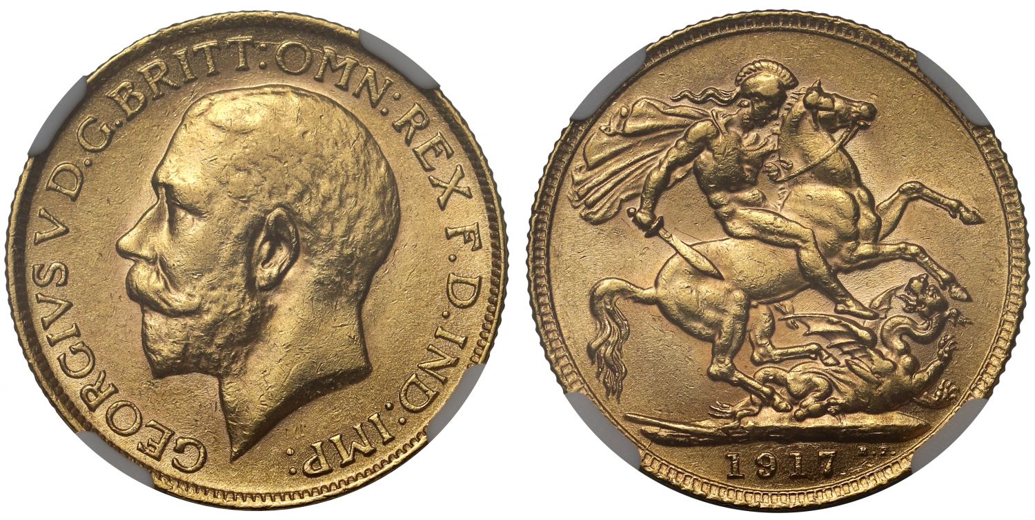 George V 1917 Sovereign London Mint AU58, rarest of the reign for London