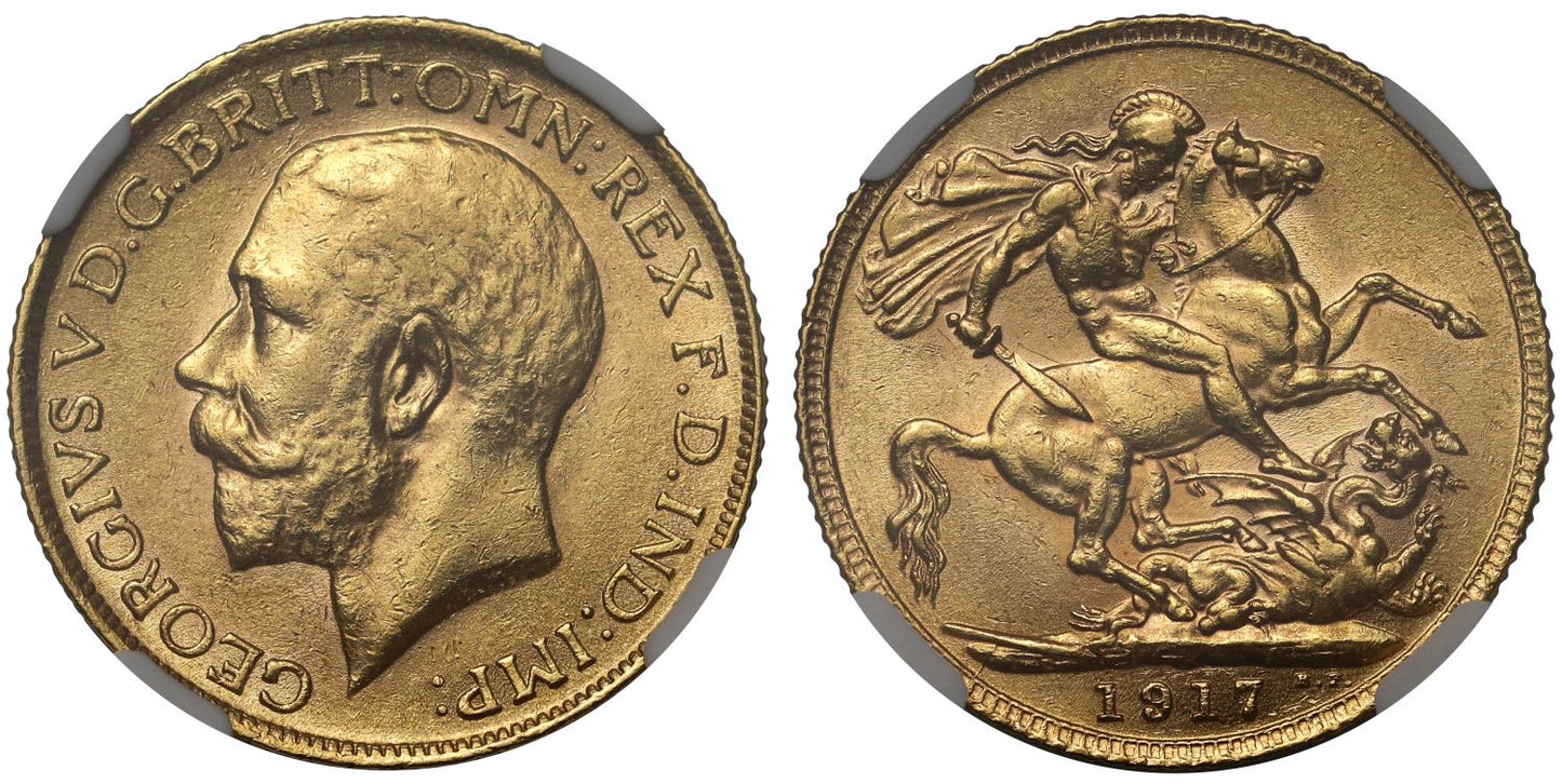 George V 1917 Sovereign, London, AU58, rarest of the reign for London