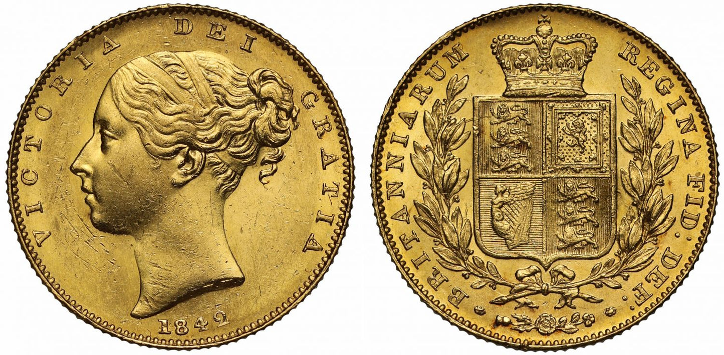 Victoria 1842 Sovereign MS63, closed 2, first young head