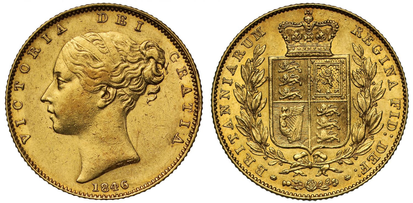 Victoria 1846 Sovereign, first head, shield reverse