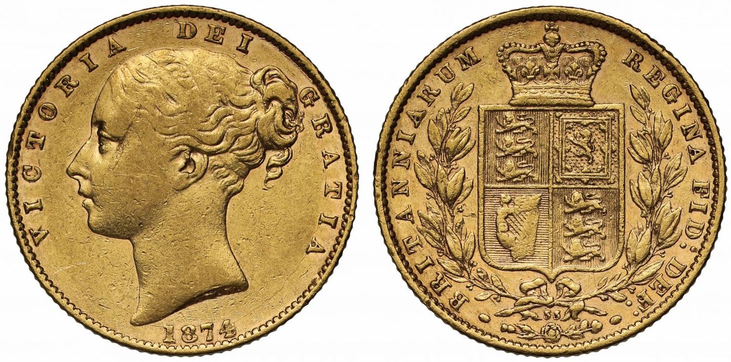 Victoria 1874 shield Sovereign, London, die 33, XF45