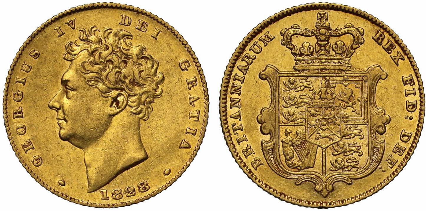 George IV 1828 Half-Sovereign, without tuft of hair on bare head by ear