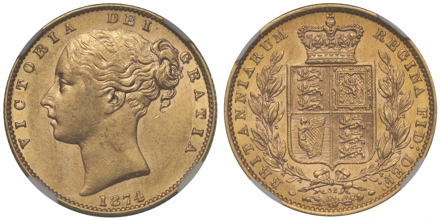 Victoria 1874 shield Sovereign, London, die 32, AU58
