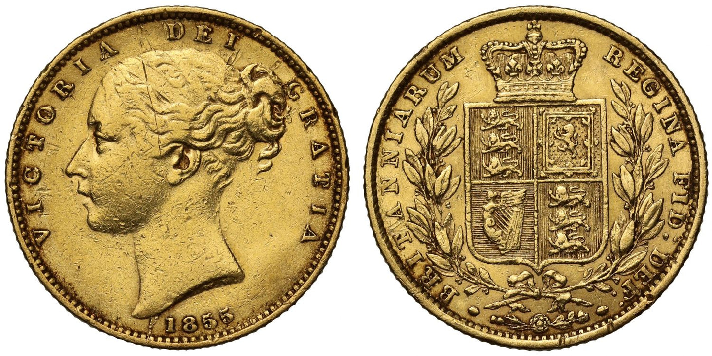 Victoria 1855 Sovereign WW raised on truncation of second young head