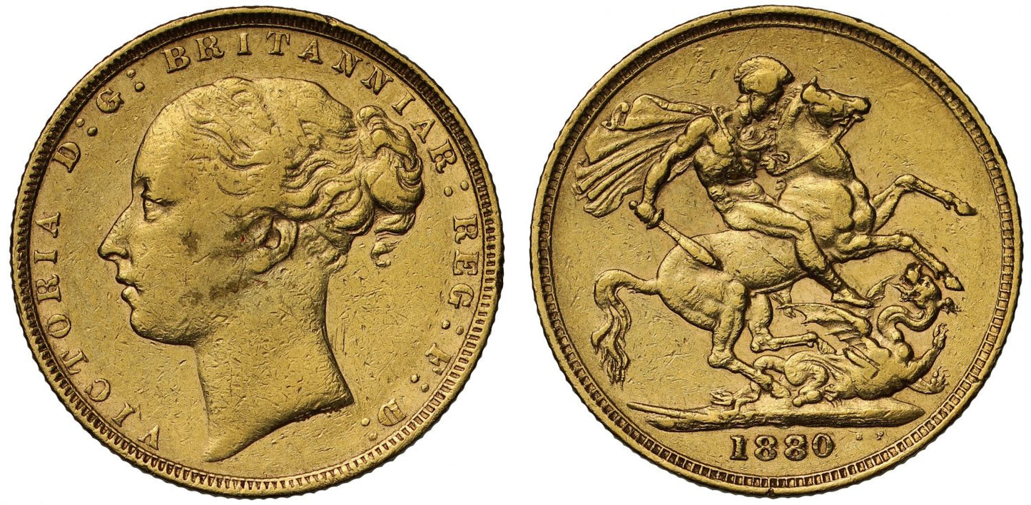 Victoria 1880 Sovereign St George reverse, second 8 of date over 7, small BP