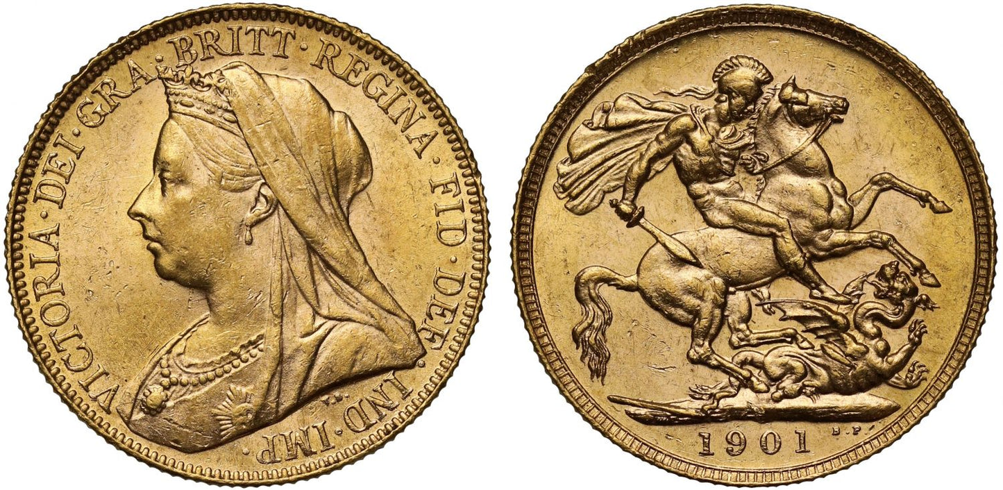 Victoria 1901-P Sovereign Perth Mint, older veiled head final year