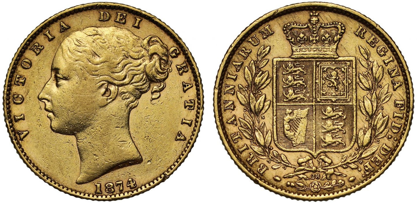 Victoria 1874 shield Sovereign, London, young head shield reverse die 28