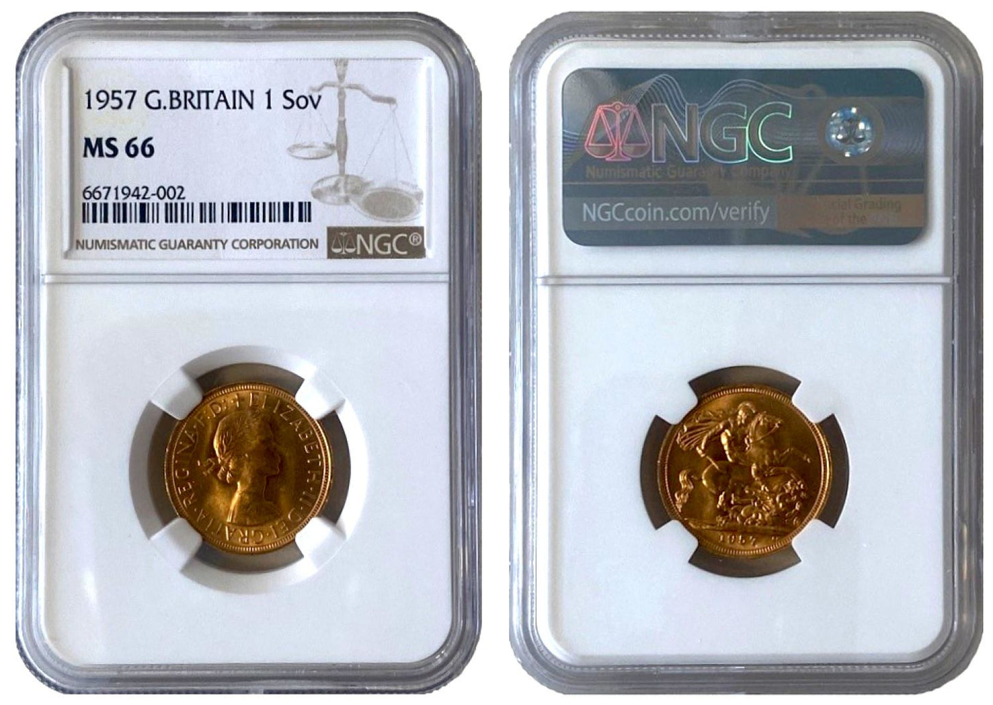 Elizabeth II 1957 Sovereign MS66 Gillick, First Portrait